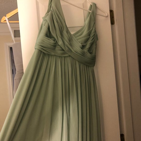 David's Bridal Bridesmaid Long Dress with Mesh and Swooping Cowl Back- Meadow - Picture 2 of 4